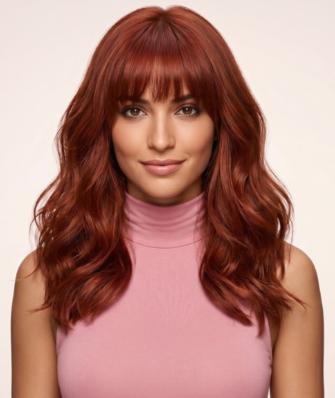 Long and wavy red hair with a fringe
