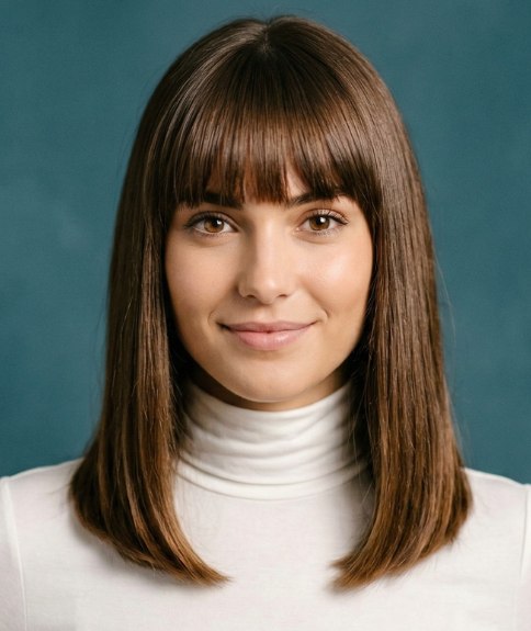 Woman with smooth, just past the shoulders hair, before her makeover