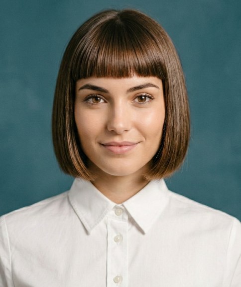 Woman wearing her hair in a jawline-length bob with a fringe, after her makeover