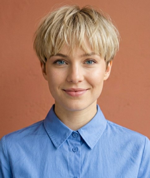 Woman with blonde hair in a pixie cut, after her makeover