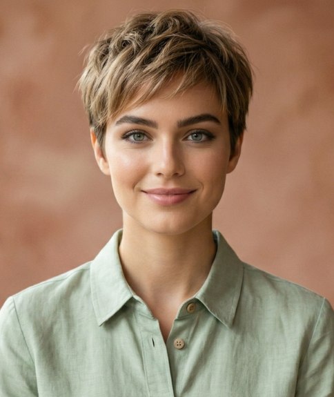 Woman with new short hair after an unexpected transformtion