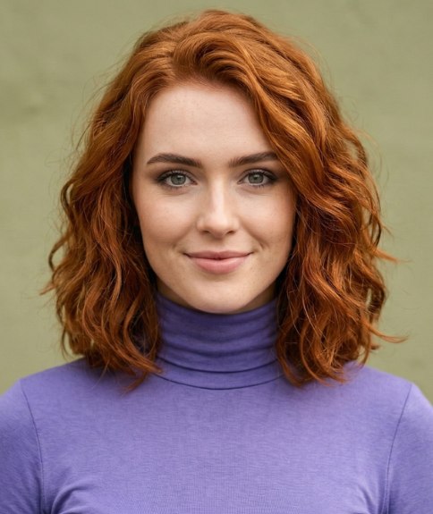 Woman wearing red hair in a bob, before her makeover