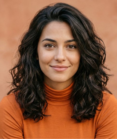 Woman with long, curly hair, before a makeover