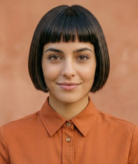 Woman with her hair in a short, sleek bob, after a makeover
