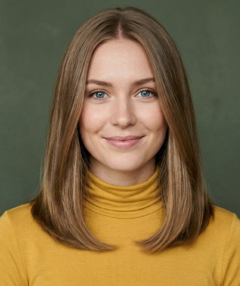 Woman with shiny, below the shoulders hair, before cutting it off