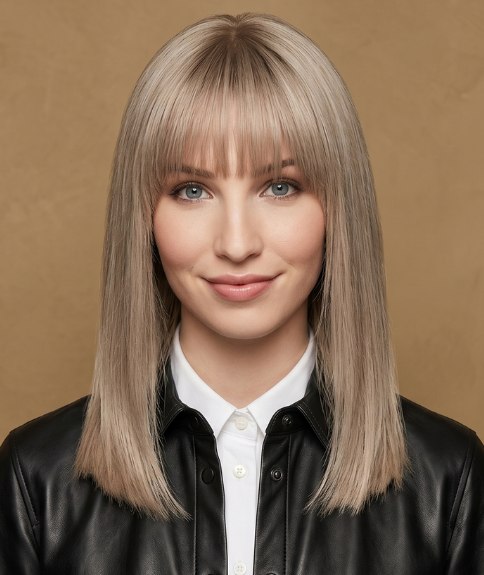 Sleek, long hair with a long fringe