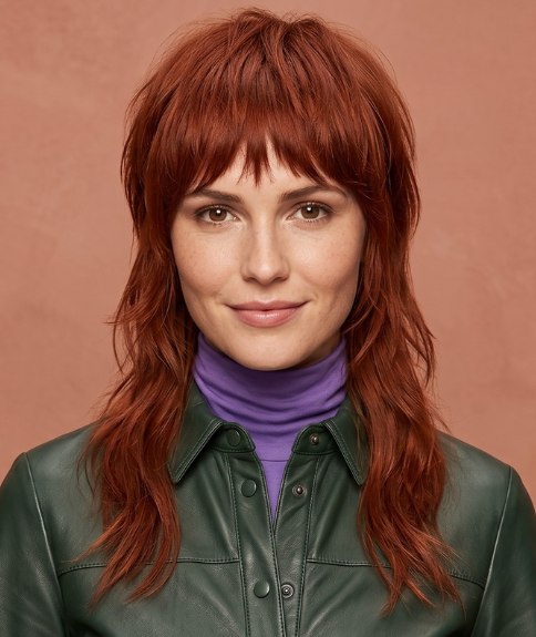 Long red hair with layers and a light fringe