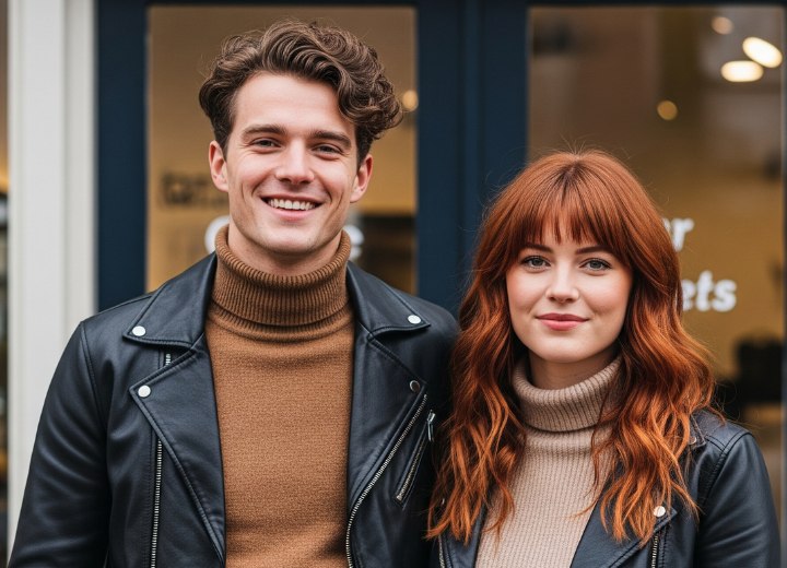 Man with short curly hair and woman with long red wavy hair