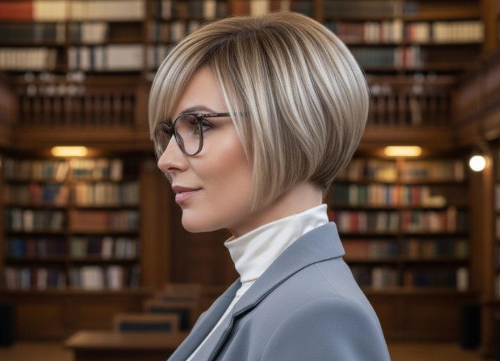 Short plunging bob and a white turtleneck - Side view