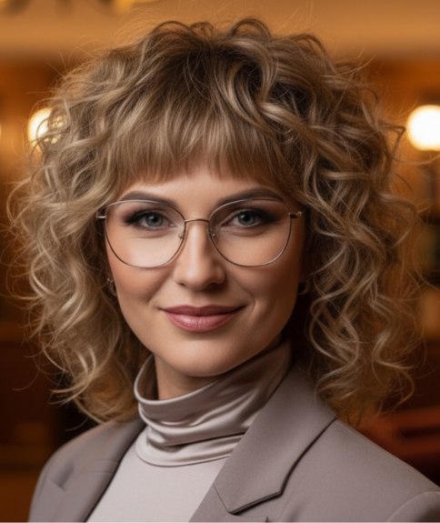 Curly medium-length hairstyle with bangs