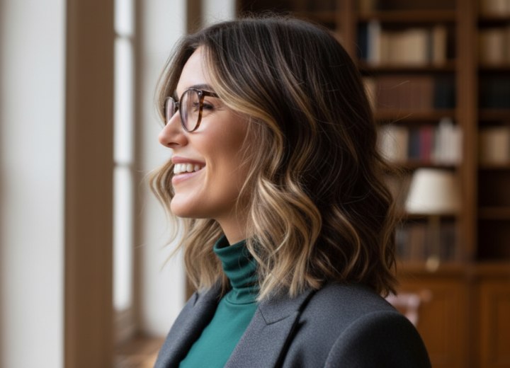 wavy shoulder-length hairstyle - Side view