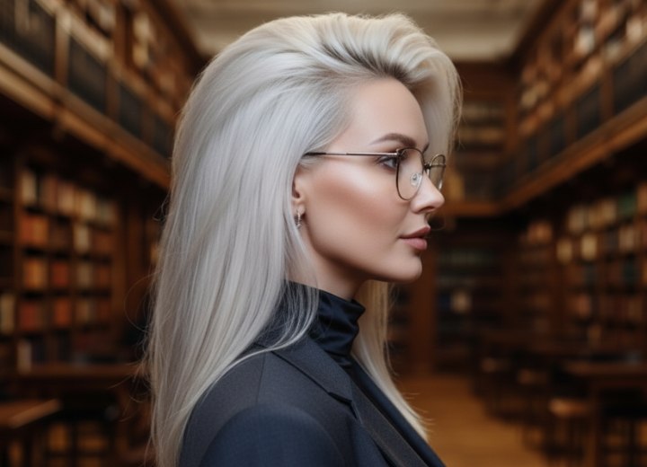 Long and one-length platinum blonde hairstyle - Side view