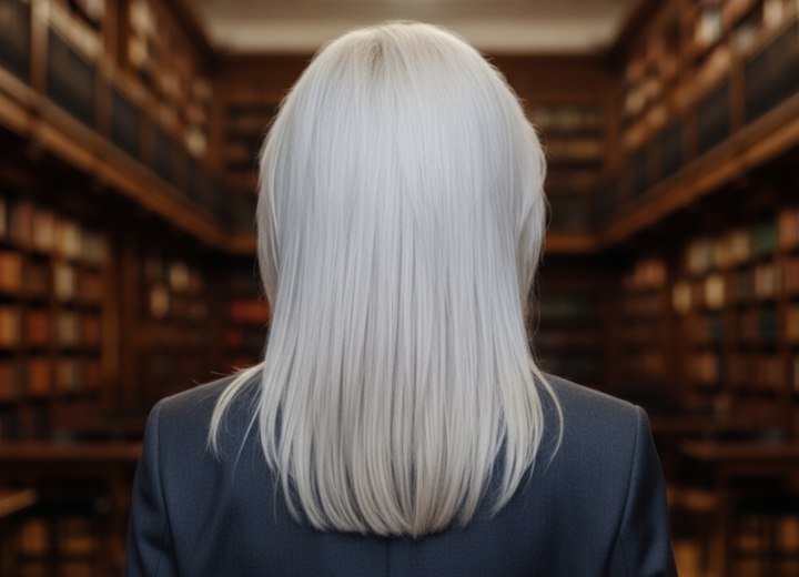 Long cut for platinum blonde hair - back view