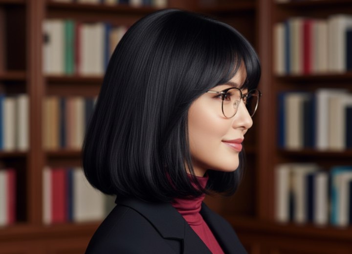 Bob cut for glossy black hair - Side view