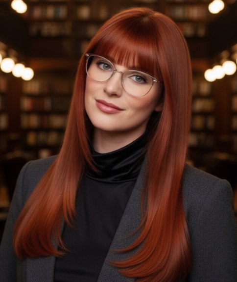 Long and sleek auburn hair with bangs