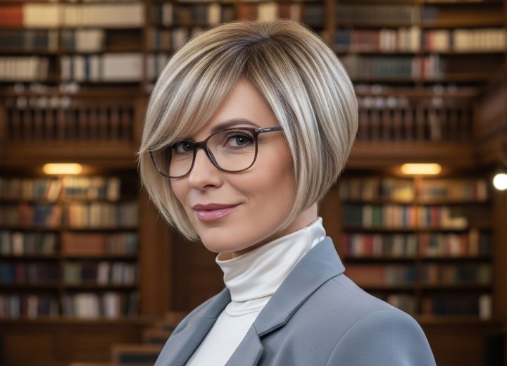 Short and sleek angled bob with a shorter back
