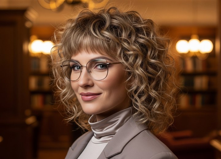 Medium-length hair with curls and bangs