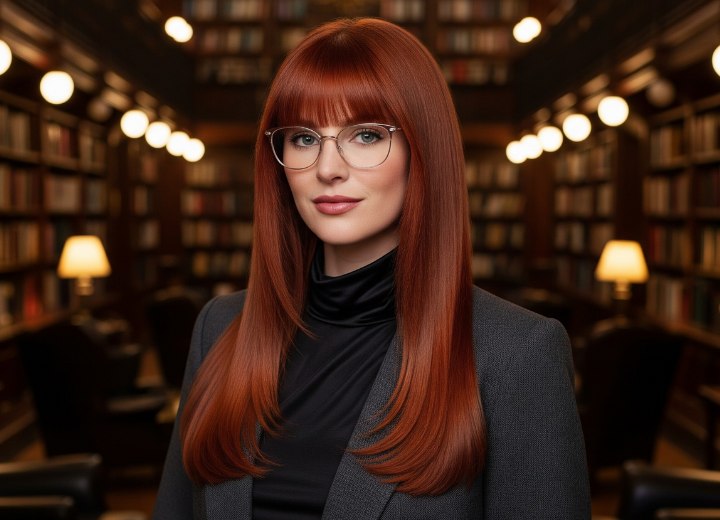 Long and straight red hair with bangs