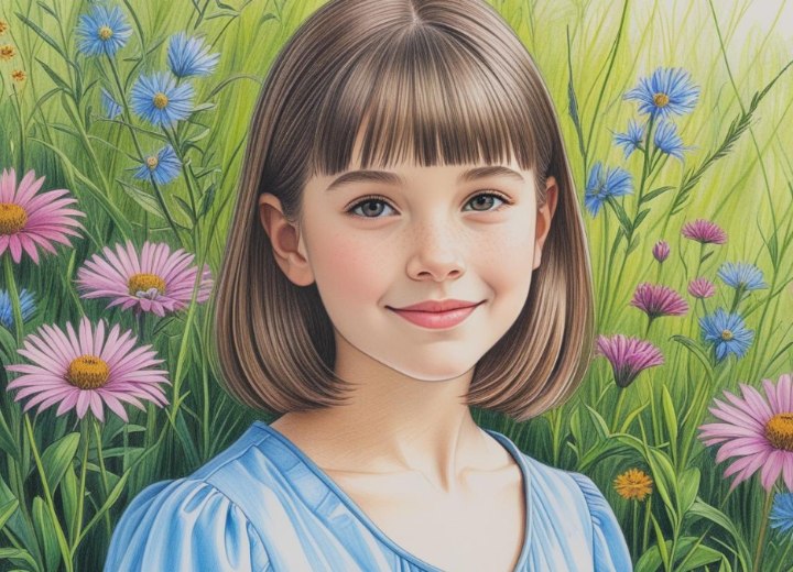 Below the chin bob with straight-across bangs for young girls