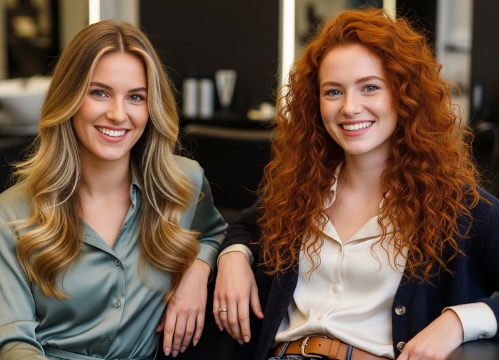 Long brown hair with waves and red hair with curls