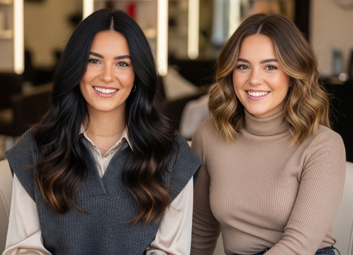 Long dark hair with waves and a shoulder-length cut