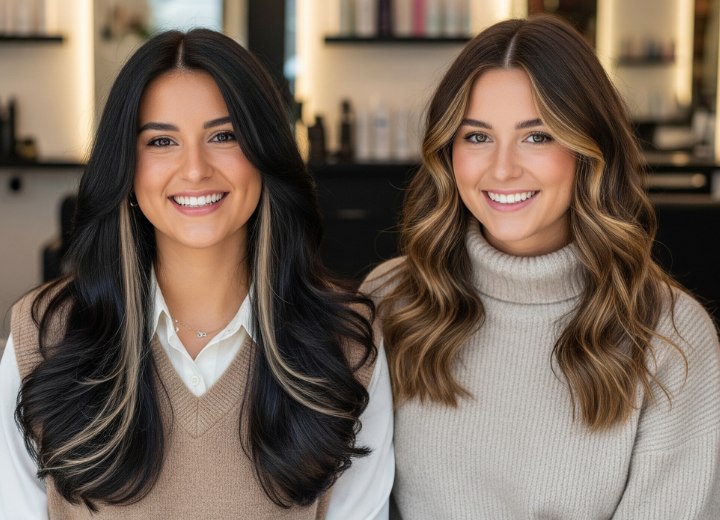 Dark brown hair with blonde highlights and long hair with golden waves