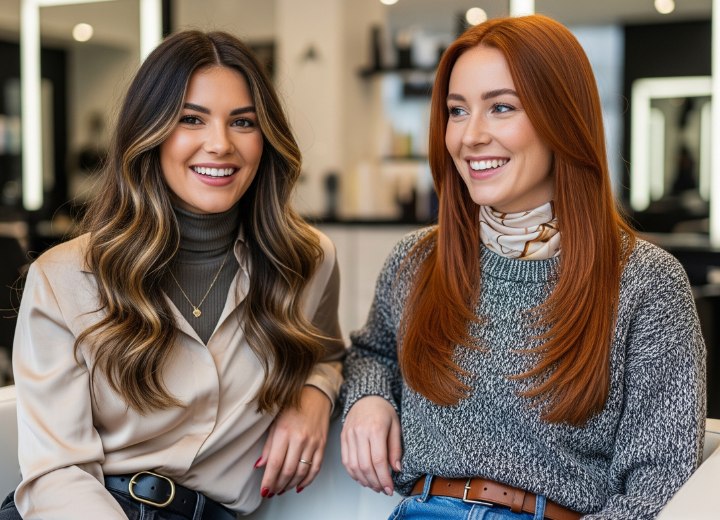 Long hair with soft waves and sleek red hair