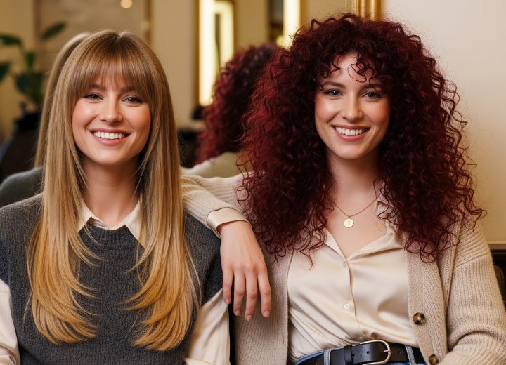 Layered long blonde hair and dark red hair with curls