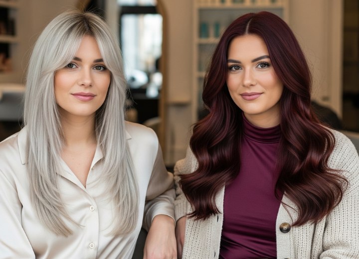 Sleek long platinum blonde hair and dark red hair with waves