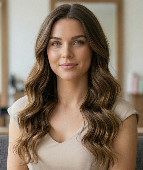 Long, brown hair with highlights and soft waves