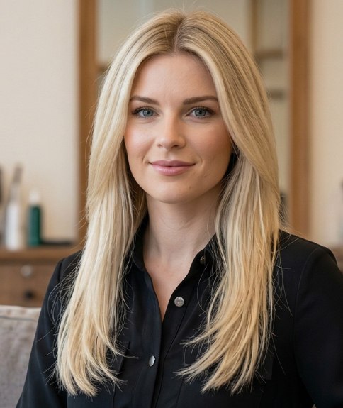 Simple, long and straight blonde hairstyle