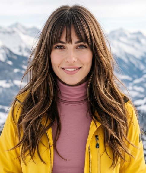 Long, chestnut brown hair with soft waves