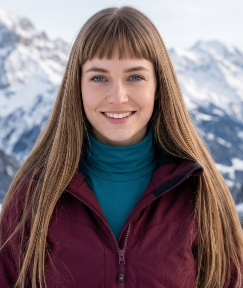 Long, straight hairstyle with a blunt fringe