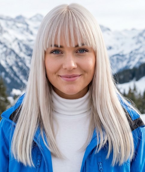 Long, platinum blonde hair with a fringe