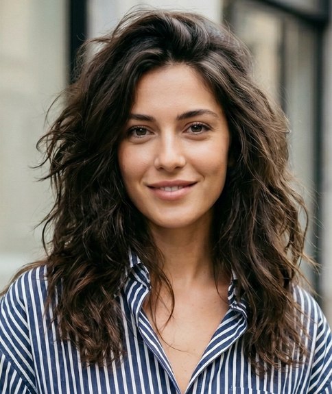 Dark, wavy hair with layers