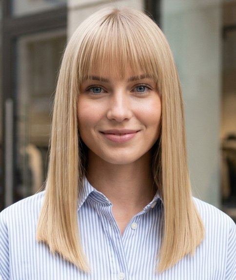 Long, blonde hair with a soft fringe