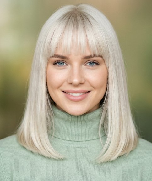 Very long blonde bob with a fringe