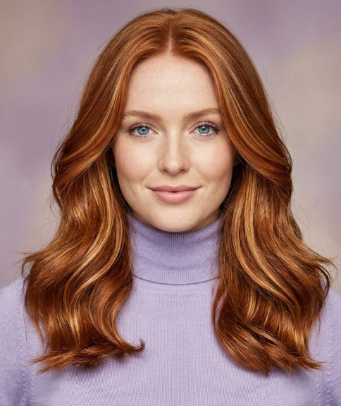 Romantic, below the shoulders copper hair