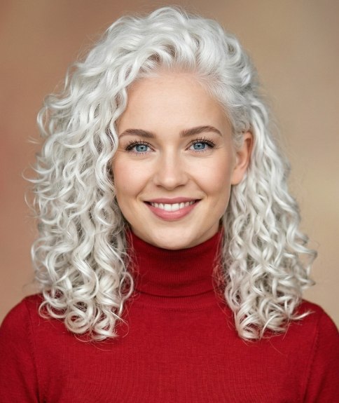 Long, white hair with curls