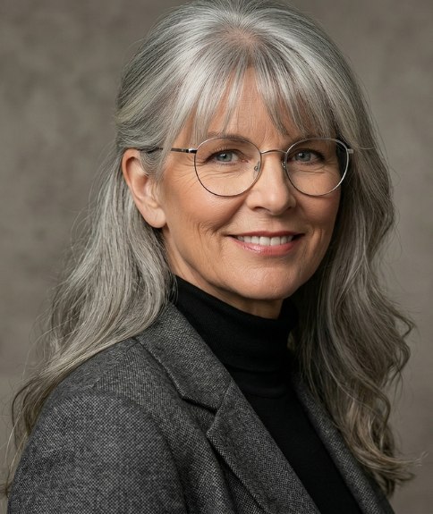 Natural long gray hair style for older women