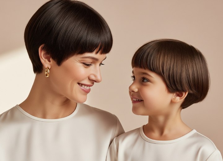 Modern bowl cut for mother and daughter