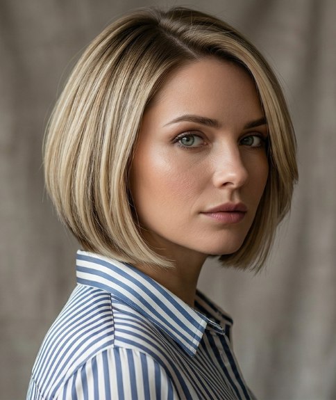 Chin-length bob with a deep side part