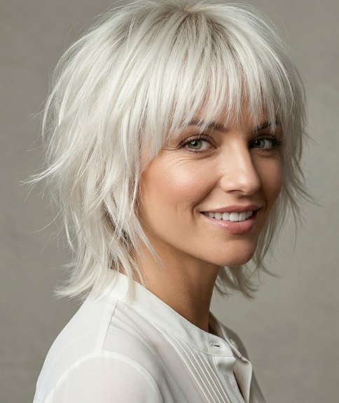 Platinum hair, cut in a shag style