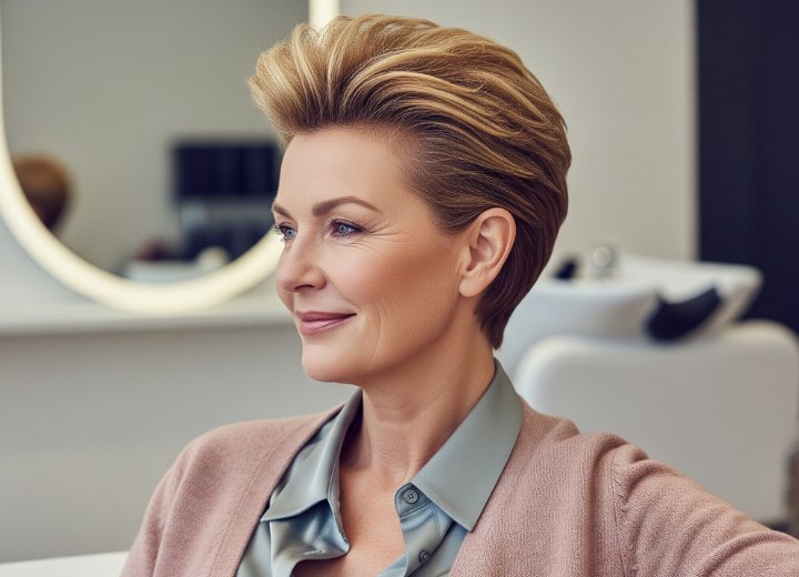 Swept-back pixie cut for older women