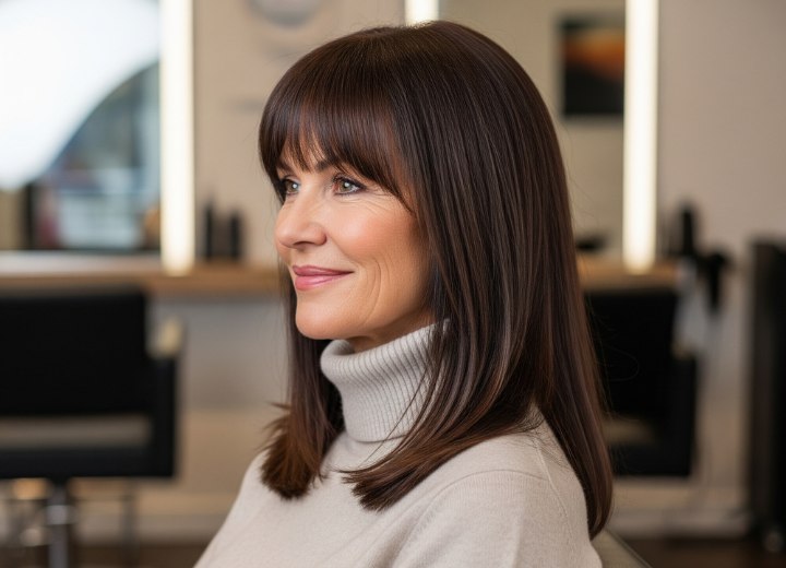 Long hair with bangs for older women