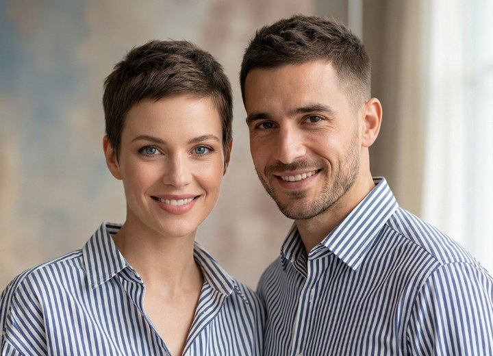 Partner look with both the man and woman wearing short hair and a shirt