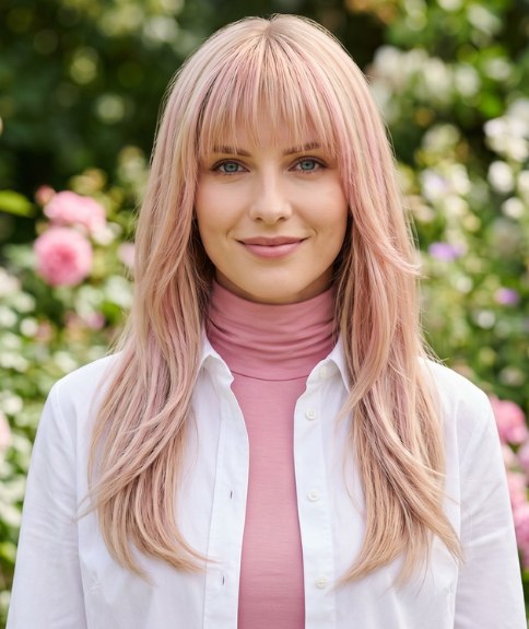 Long, blonde hair with pink tones