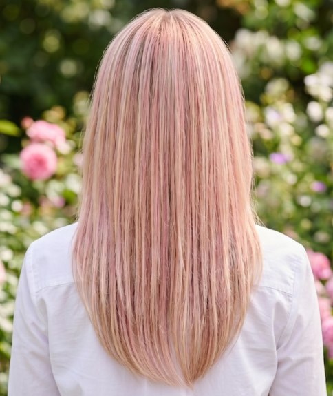Blonde, past the shoulders hair with pink streaks