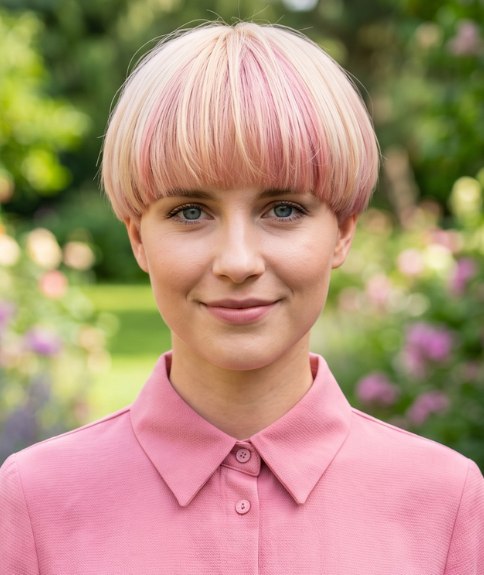 Blonde with pink hair in a bowl cut