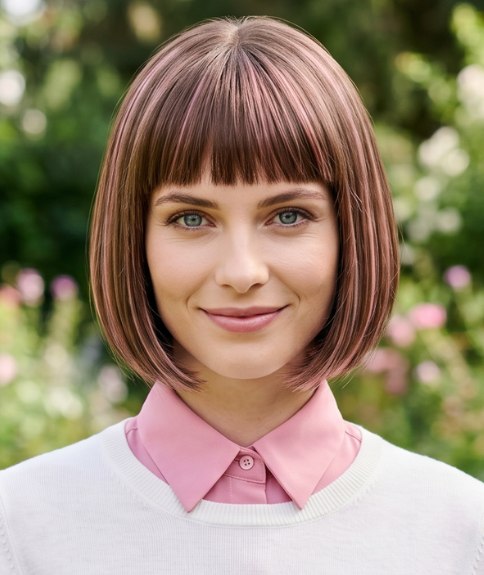 Sleek, short bob for brown hair with pink highlights